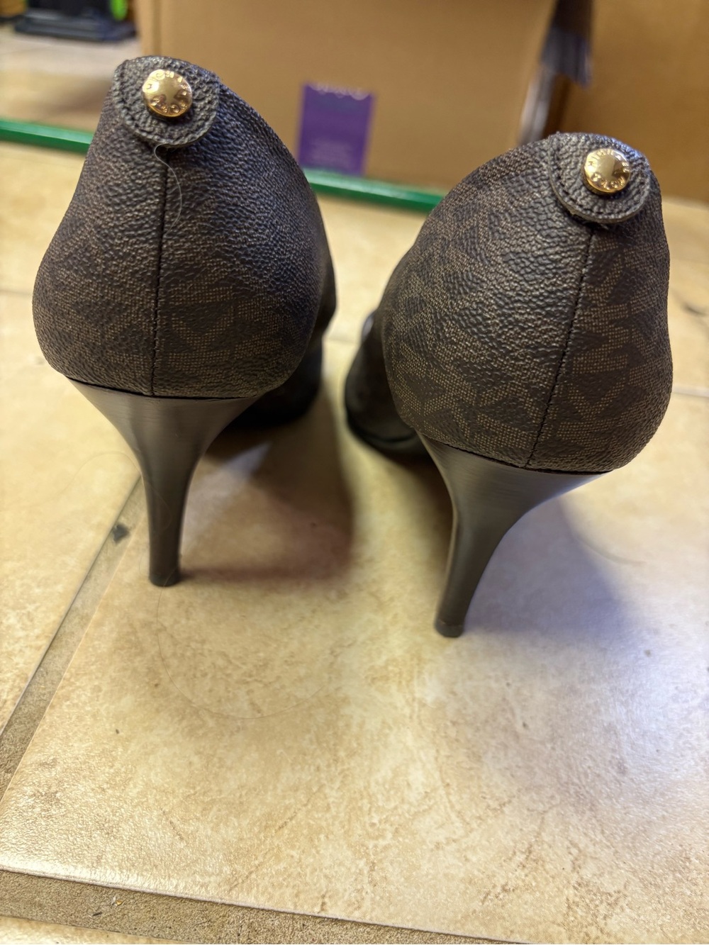 Michael Kors Dark Brown Logo-Print High Heel Pumps with Gold Stud